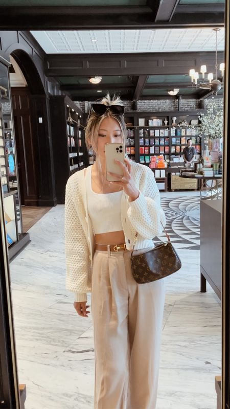 White and beige neutral aesthetic parisian French girl style inspired outfit for afternoon tea in Tampa // white cardigan - abercrombie, white crop ribbed tank - aritzia, beige wide leg trousers - abercrombie, belt - hermes, bag - louisvuitton⁠ // fall transition outfit, everyday outfit, simple fits, minimalist style, autumn fashion

#LTKSeasonal #LTKstyletip #LTKunder100