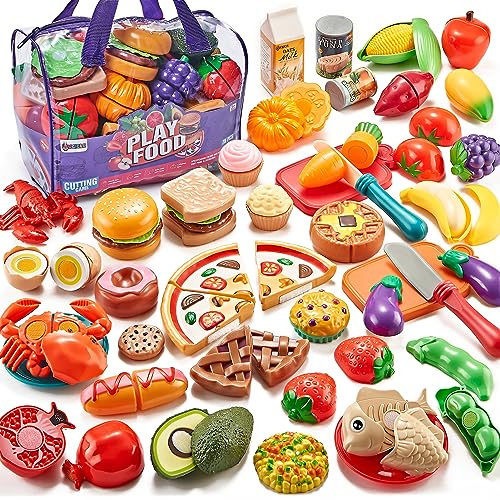 Laugigle Pretend Play Food for Kids Kitchen - 78Pc Cutting Toy Food with Storage Bag, Food Toys with Veggies, Fruits, Fake Food with Pizza Toy, Pretend Food, Play Kitchen Accessories, Boys Girls Gift | Amazon (US)