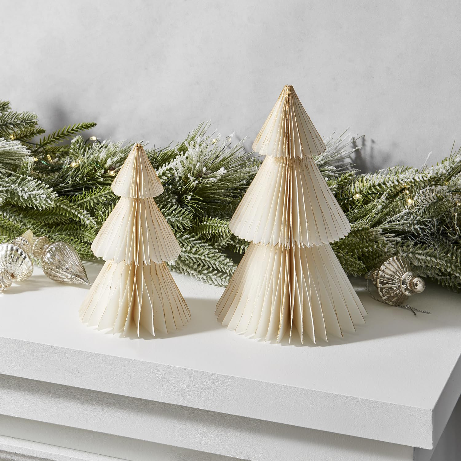 LampLust Paper Christmas Tree Decor, 2 Pack Honeycomb Paper Trees, 6 & 8 Inch, White & Gold Glitt... | Amazon (US)
