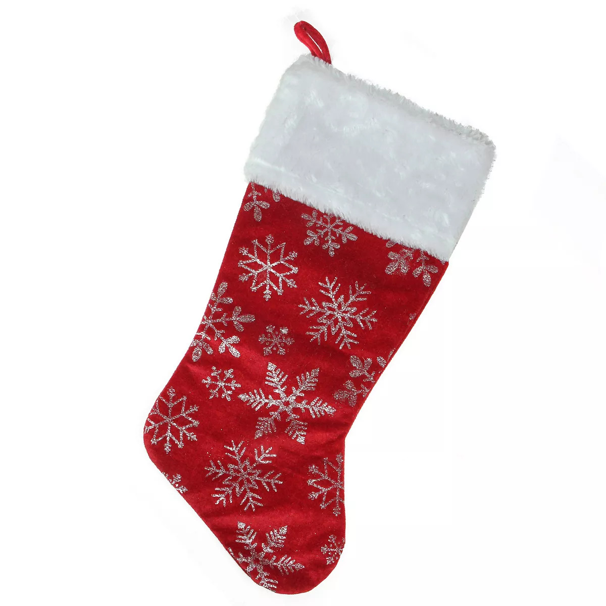 20-Inch Red and Silver Glitter Snowflakes Christmas Stocking With a Faux Fur Accent | Kohl's