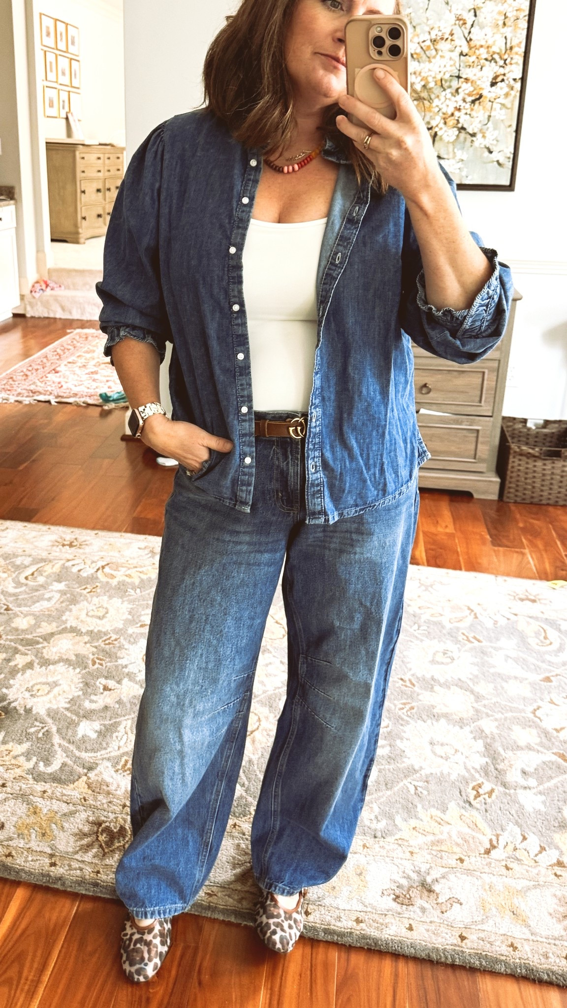 As my husband said “oh you are wearing a Canadian tuxedo today.” Thanks my love 😘 denim shirt. Barrel jeans. Best white control top. Favorite ballet flats  

#LTKSeasonal #LTKOver40 #LTKMidsize