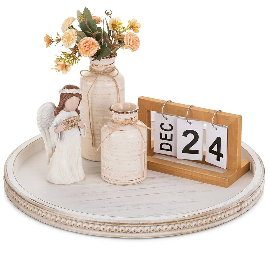 Hanobe Large Round Decorative Tray: White Coffee Table Centerpiece Beaded Trays Rustic Wood Decor... | Amazon (US)