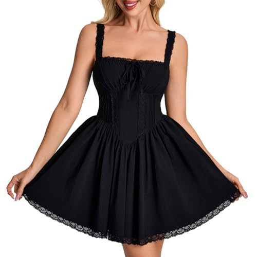 Auraxe Women's Summer Mini Dress Corset Lace A Line Graduation Party Dresses 2026 Cute Sleeveless Square Neck Short Sundress Black | Amazon (US)