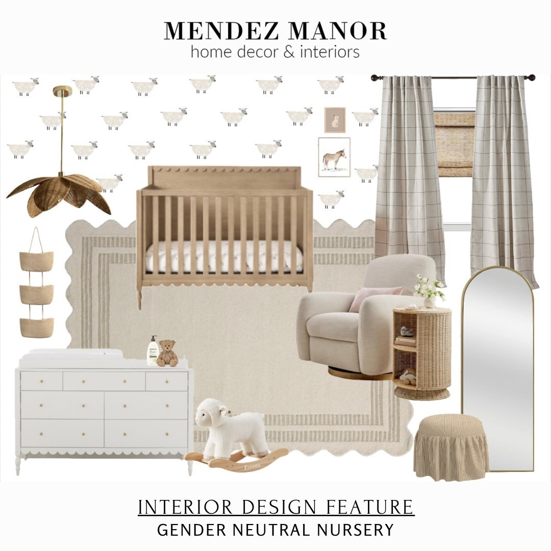 Just submitted this gender neutral nursery design for a client who is expecting in January! 

This neutral color scheme is layered with lots of texture and pattern. I love the sheep decals and farm animal prints! 

The woven flower petal light pendant is a great statement piece for a nursery. 

With my virtual interior design services I am able to help my clients create a professional level of design within their home.

When you work with me you will go from being stuck in a Pinterest rabbit hole to having a clear vision, mapped out plan & expert guidance for creating a home you dream of!

Head to mendezmanor.com to check out my flat-rate design packages and book a FREE Discovery Call!

#arearug #crib #changingtable #curtains #wovenshades #baby #babysroom #kidsroom

#LTKBump #LTKHome #LTKBaby