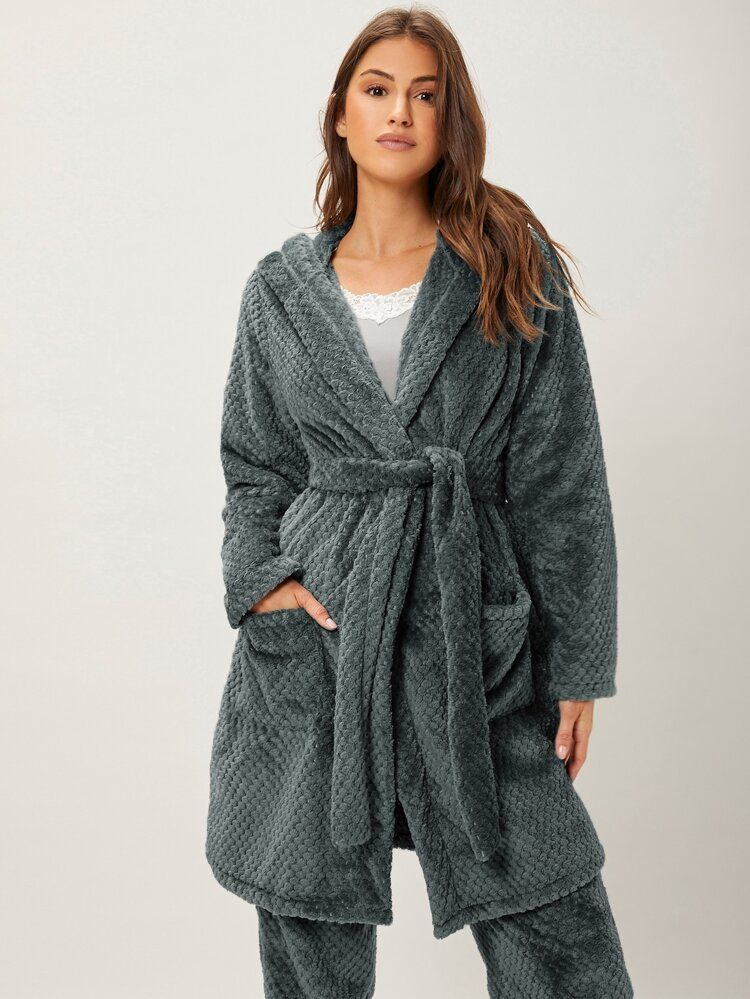 SHEIN BASICS Belted Dual Pocket Flannel  Lounge Robe | SHEIN
