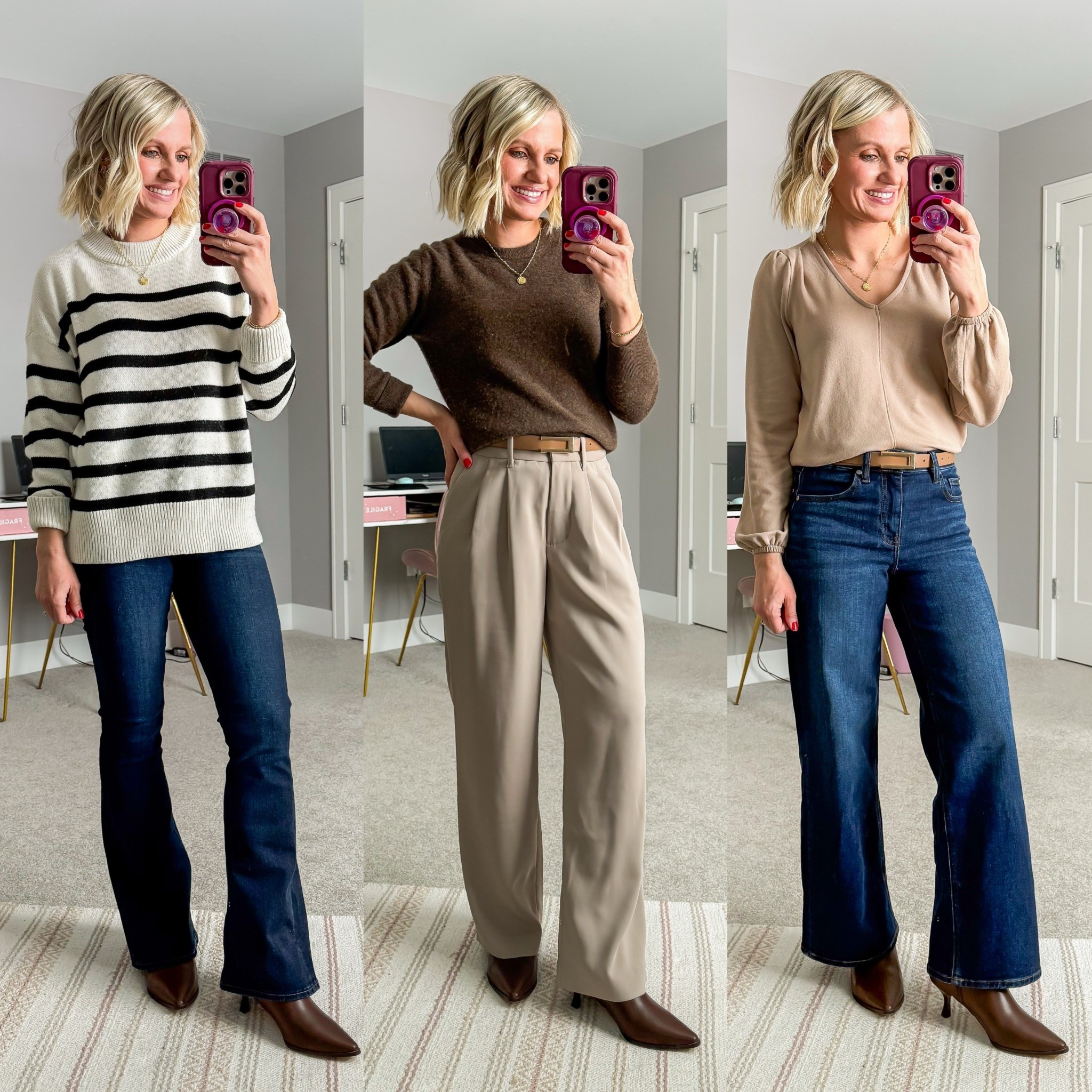 3 styles of jeans to wear with a narrow kitten heel bootie! 
Flares- 0/short || striped sweater- small || brown sweater- small || trousers- 25/28” || tan top- xxsmall ( code-THRIFTYWIFE10) || Wide-leg jeans- 25//28"

#LTKOver40 #LTKPetite #LTKSeasonal