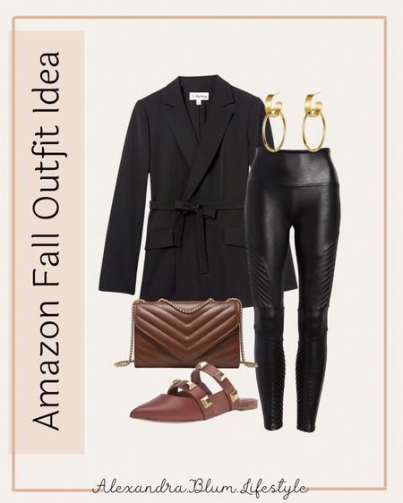 Amazon Fall Outfit Ideas!! Black tie blazer, moto faux leather leggings from Spanx, brown crossbody purse, brown stud mules, and gold hoops! Amazon fashion finds! Fall fashion! Work wear! More fall outfits on my page! 

#LTKworkwear #LTKitbag #LTKshoecrush