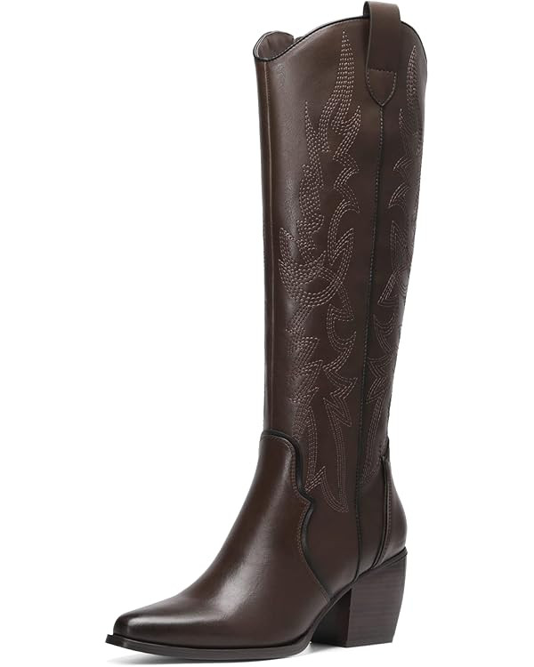DREAM PAIRS Womens Cowboy Boots Wide Calf Comfortable Pull On Zipper Chunky Heel Pointed Toe Embr... | Amazon (US)