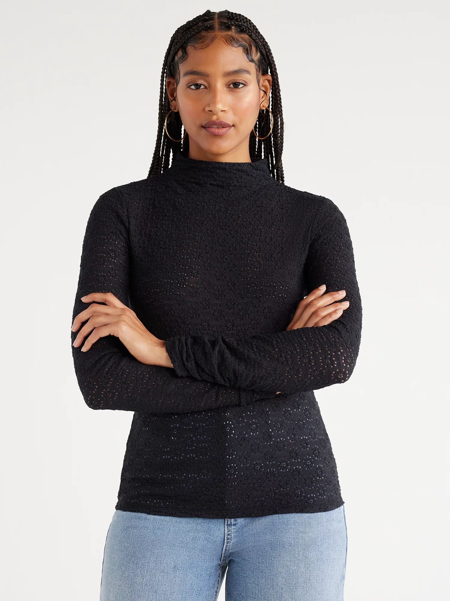Scoop Women's Lace Turtleneck Top with Long Sleeves, Sizes XS-XXL | Walmart (US)
