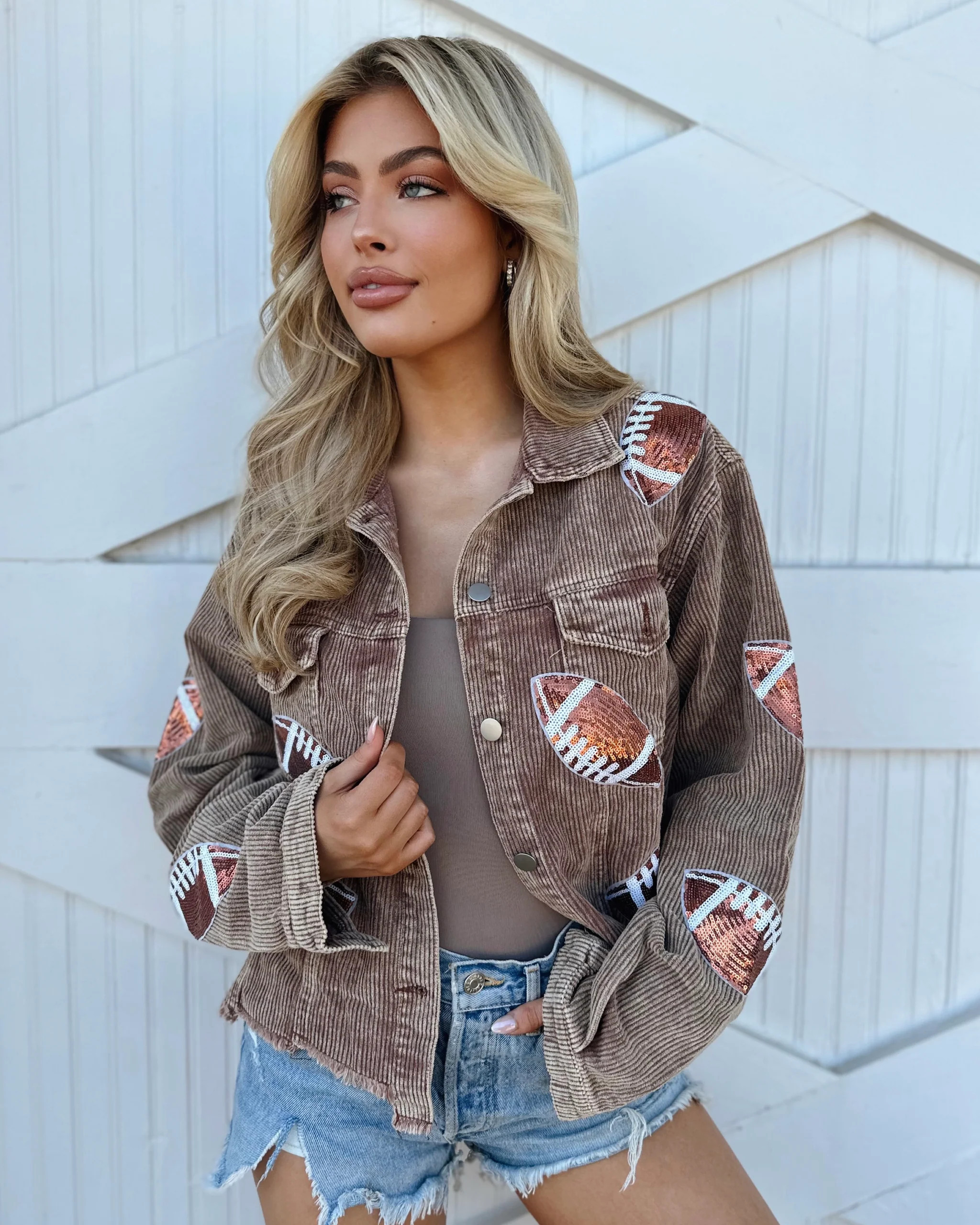 Mocha Corduroy Sequin Football Cropped Jacket (Pre-Order Ships 9/20) | Live Love Gameday®
