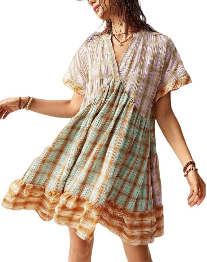 Women Boho Floral Babydoll Mini Dress Y2k Puff Sleeve Ruffle Flowy Short Dress Cute Summer V Neck... | Amazon (US)