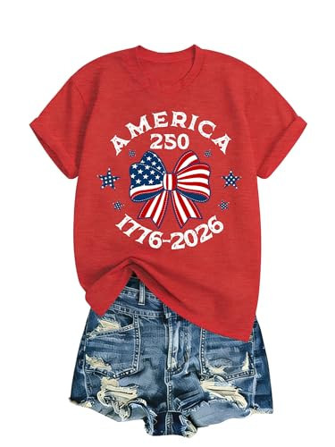 Patriotic Shirts for Women 250 Anniversary USA Shirt Short Sleeve 4th of July Outfits American Flag Tee T Shirt (Bow Red, S) | Amazon (US)