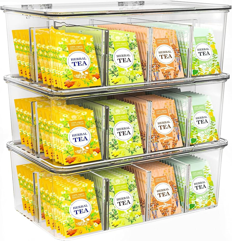 Utopia Home - Tea Bag Organizer With Lids, Clear Pantry Storage Box - (3 Pack) Stackable Partitio... | Amazon (US)