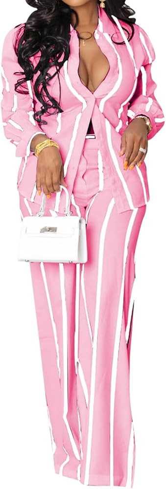 Remelon Women's Casual Two Piece Outfits Striped Long Sleeve Collar Button Down Shirt Blouse High... | Amazon (US)