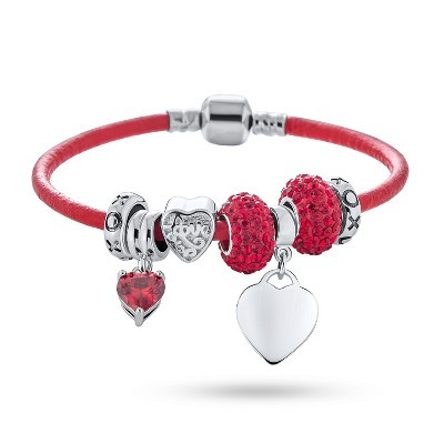 Bling Jewelry Valentine Couples Charm Bracelet .925 Sterling Silver Heart Lover BFF Charm Genuine Red Leather Size - 7.5 | Target