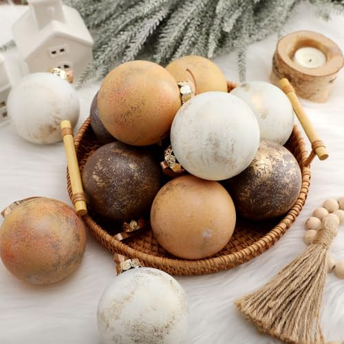 Yunlly 12 Pcs Large Neutral Textured Christmas Ball Ornaments 3.15 Inch Vintage Rustic Ivory Brown Bronze Xmas Bulbs Ornaments Shatterproof Farmhouse Modern Christmas Home Decor for Tree Holiday Decor | Amazon (US)