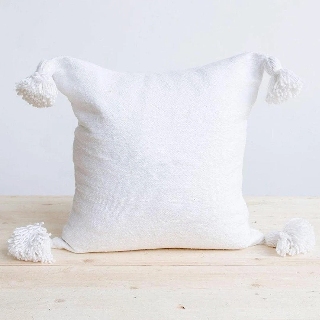 Moroccan cotton pillows , 20x20 , Tassel Pillow Cover , all White , White pompoms , pom pom pillo... | Etsy (US)