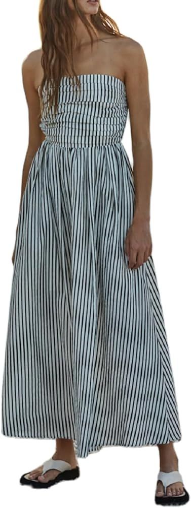 NUFIWI Women Summer Striped Tube Long Dress Off Shoulder Smocked Bodycon Midi Dress Backless Ruff... | Amazon (US)