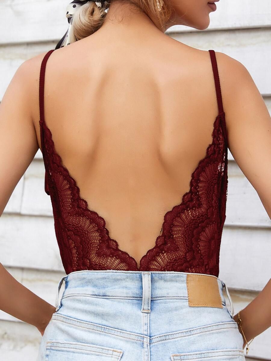 Contrast Lace Backless Cami Bodysuit | SHEIN
