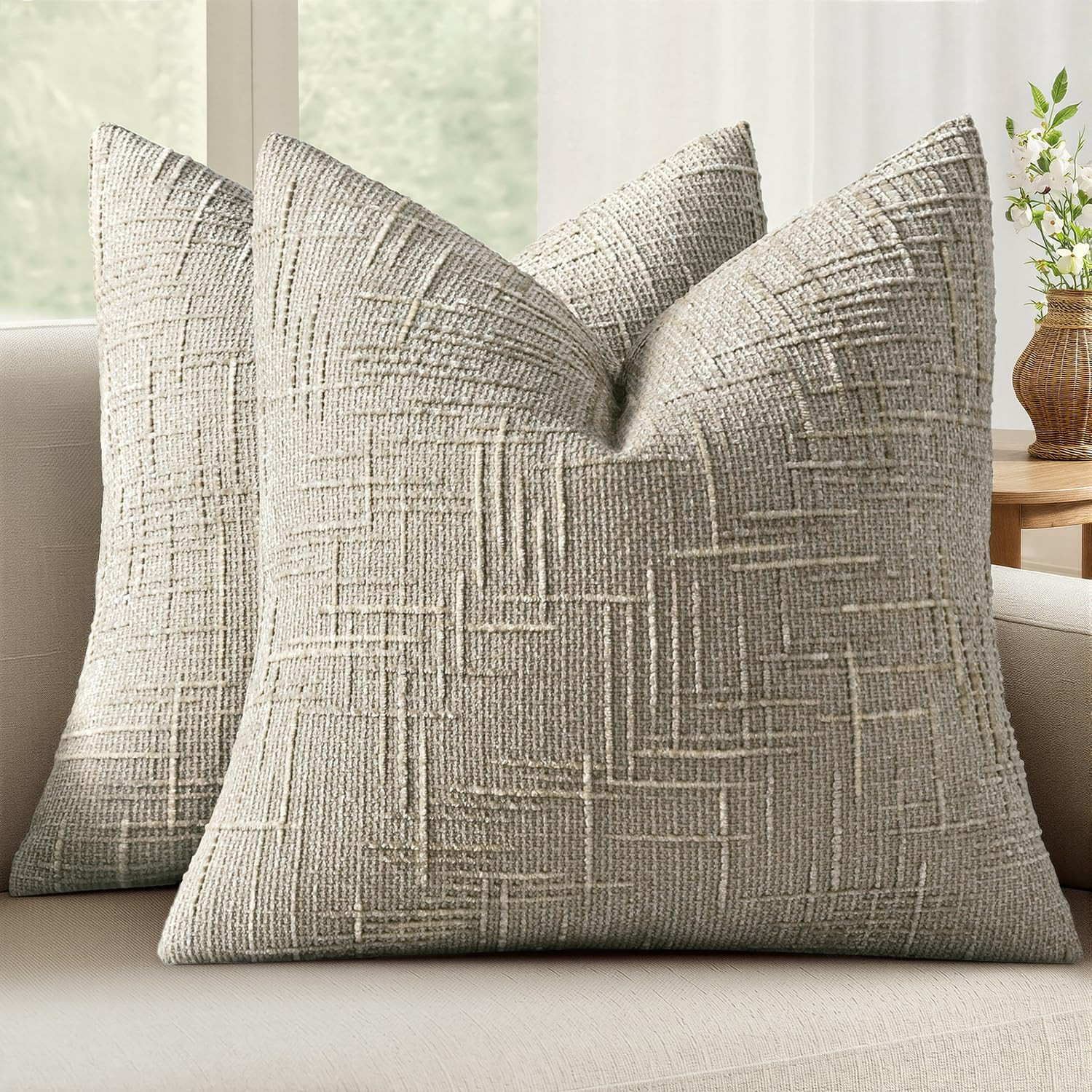 MIULEE Chenille Textured Throw Pillow Covers Light Brown 18x18 Set of 2 | Amazon (US)