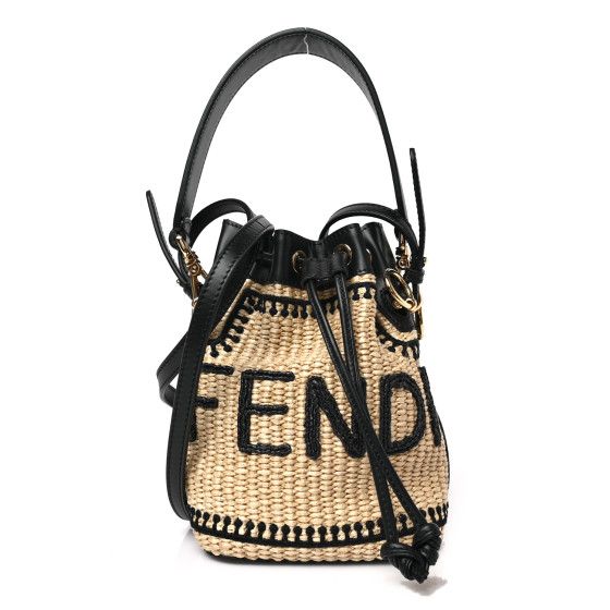 Straw F is Fendi Logo Crochet Mini Mon Tresor Bucket Bag Naturale Black | FASHIONPHILE (US)