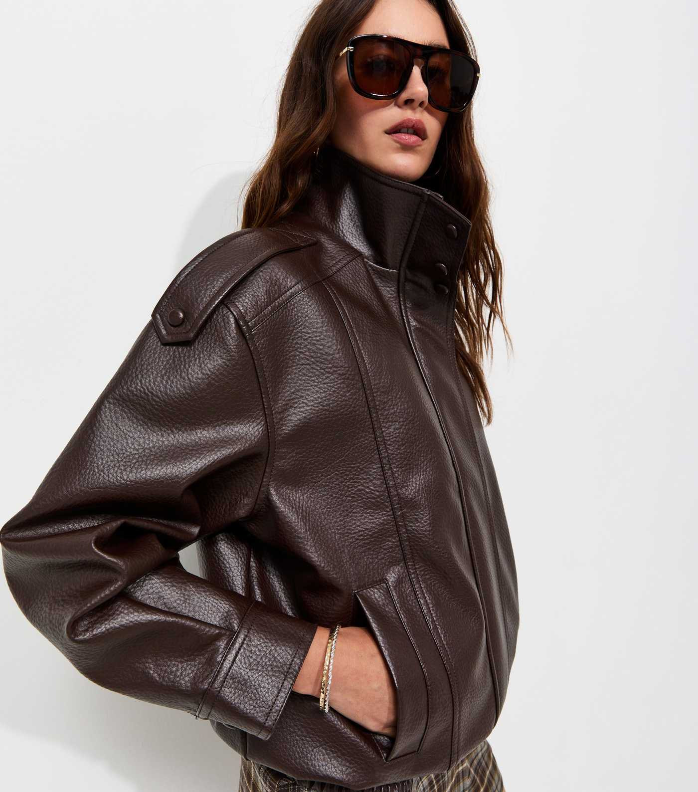 Dark Brown Faux Leather Funnel Neck Oversized Jacket | New Look | New Look (UK)