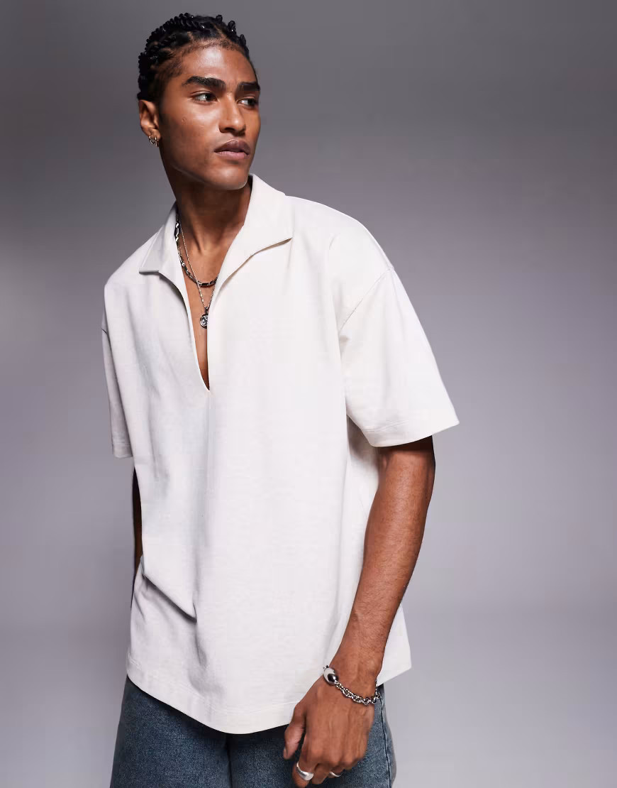 ASOS DESIGN oversized linen look ribbed polo in beige-Brown | ASOS (Global)