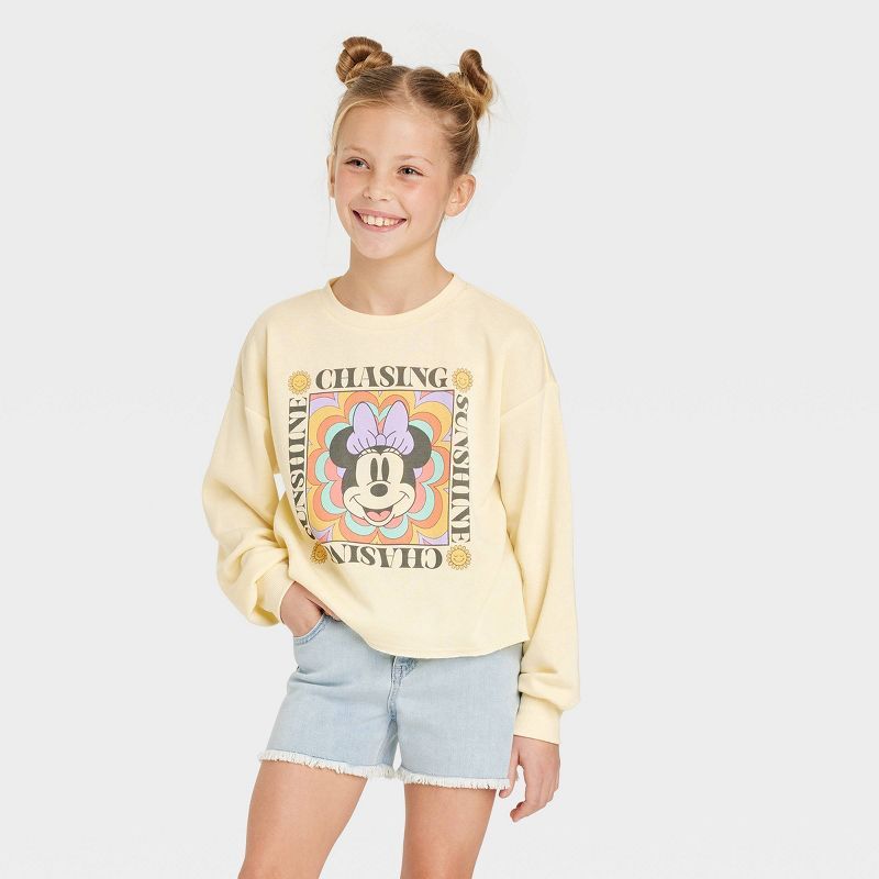 Girls' Disney Minnie Mouse Chasing Rainbows Dreamy Fleece Sweatshirt - Yellow | Target