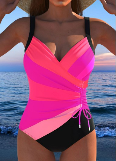 women's clothes / Swimwear / One Piece Swimwear  /  Drawstring Multi Stripe Print Hot Pink ... | Modlily.com