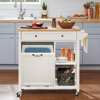 Bainport Ivory Wooden Rolling Kitchen Cart Butcher Block Top and Trash Storage (34" W) | The Home Depot