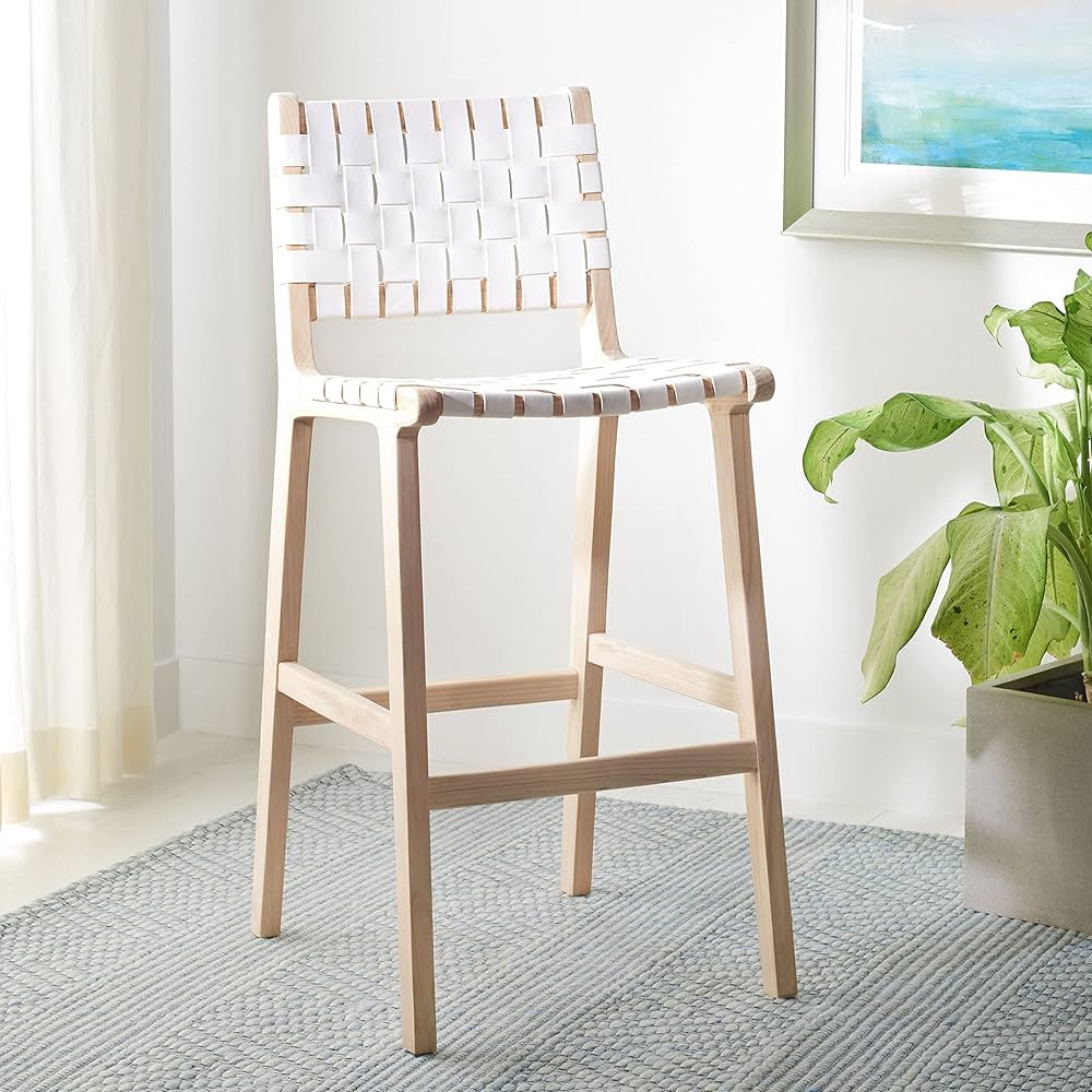 Safavieh Home Collection Adah White Leather/Natural Solid Wood 30-inch Bar Stool (Fully Assembled... | Amazon (US)