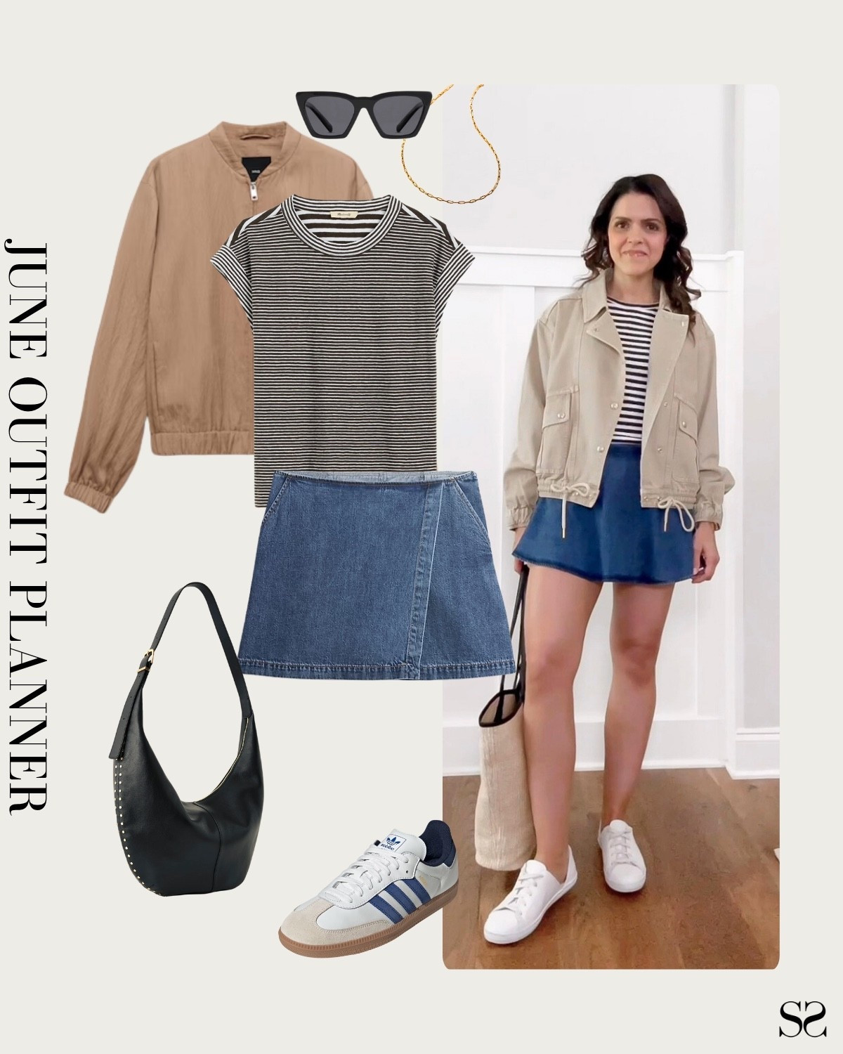 Monthly outfit planner JUNE: what I planned vs how it’s worn: Sunday Spotlight: Spring & Summer looks, saved + styled outfit inspo | lightweight jacket, striped top, denim skort, embellished tote, sneakers 

#springoutfit #summeroutfit #skortoutfit #casualstyle

#LTKStyleTip