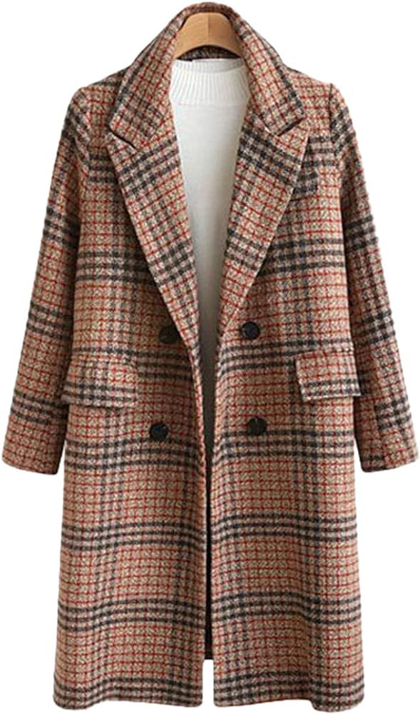 chouyatou Women's Classic Notched Collar Double Breasted Plaid Wool Blend Long Trench Coat | Amazon (US)