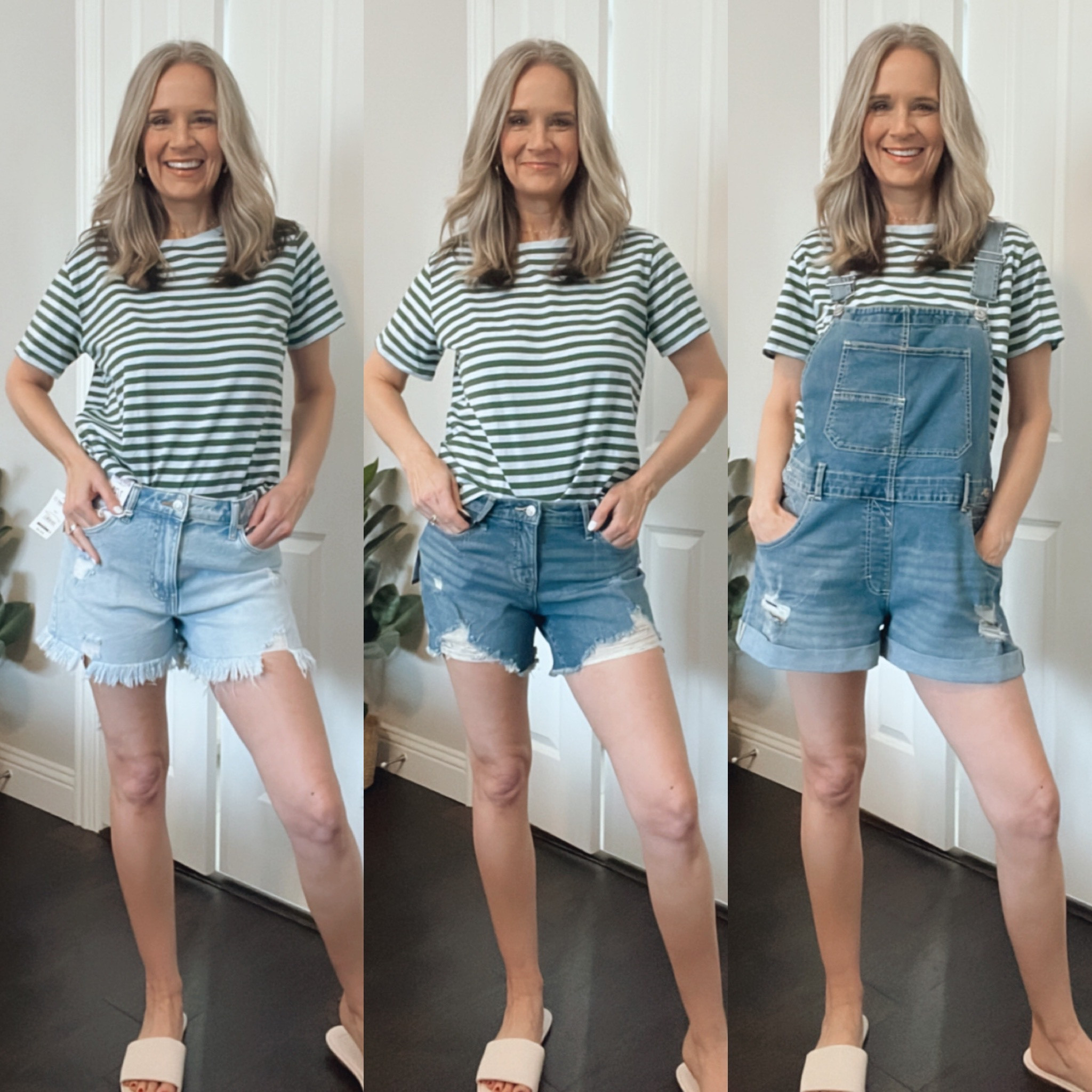 Spring style| denim shorts| overall shorts| mom style| over 40 fashion| destroyed denim| modest shorts| 

#LTKunder50 #LTKstyletip #LTKSeasonal