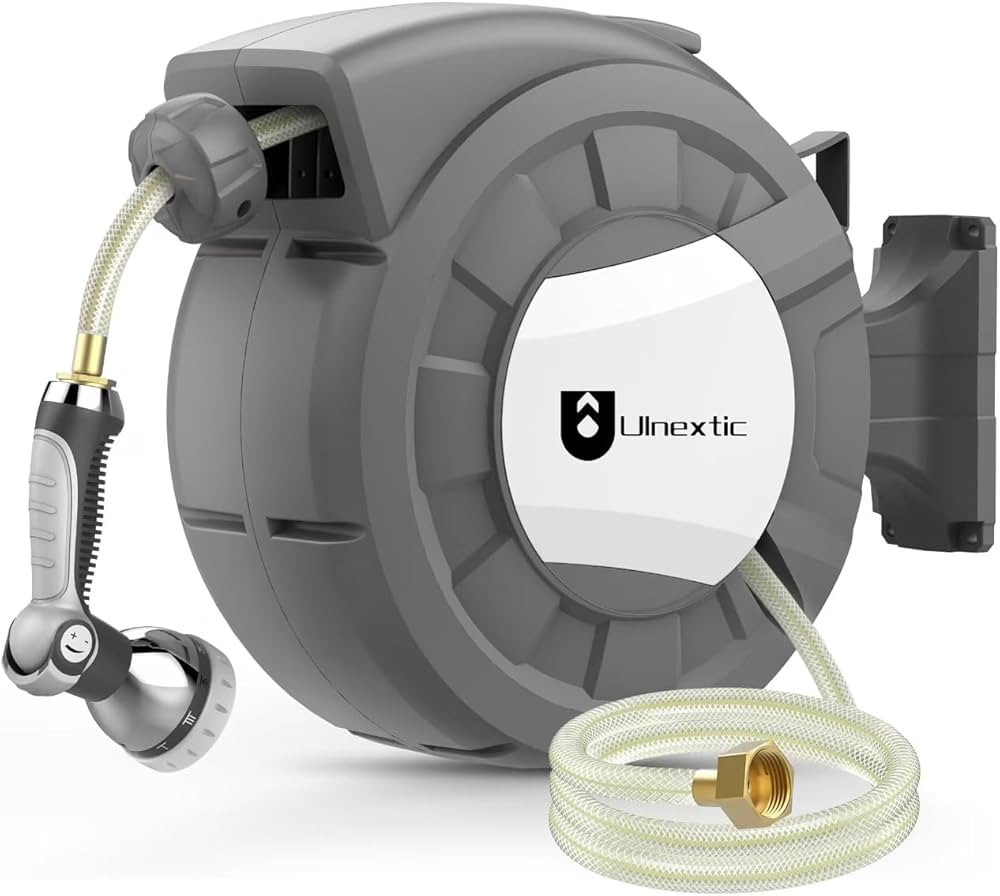 Retractable Garden Hose Reel, 1/2 in x 100 ft Wall Mounted Hose Reel, 10-Pattern Spray Nozzle, An... | Amazon (US)