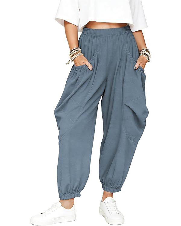 Himosyber Women's Baggy Harem Pants Casual Loose Elastic High Waist Lounge Sweatpants Comfy Joggers with Pockets (Bluegrey-S) at Amazon Women\u2019s Clothing store | Amazon (US)