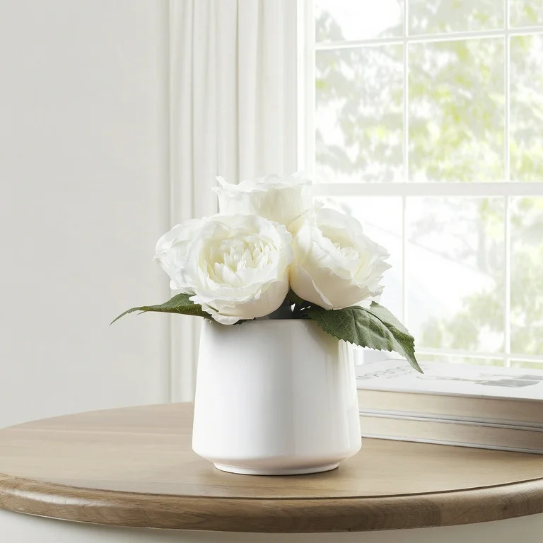 My Texas House White Faux Rose Floral in White Ceramic Vase, 13" Height | Walmart (US)