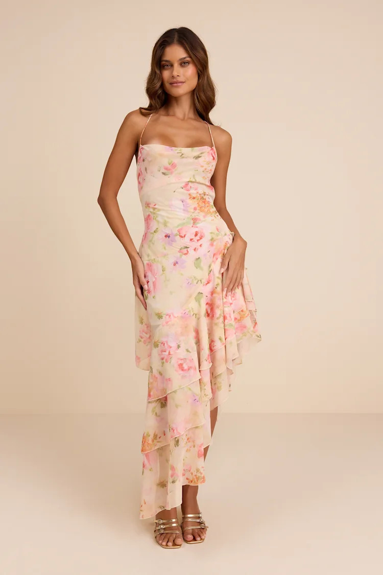 Mava Light Peach Multi Floral Asymmetrical Maxi Dress | Lulus
