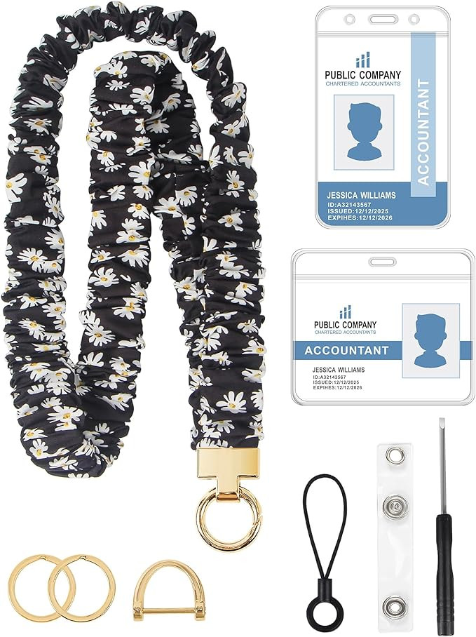 Scrunchie Lanyard for ID Badge Holder, Cute Teacher Lanyard for Women with 2 Card Clear Badge Hol... | Amazon (US)