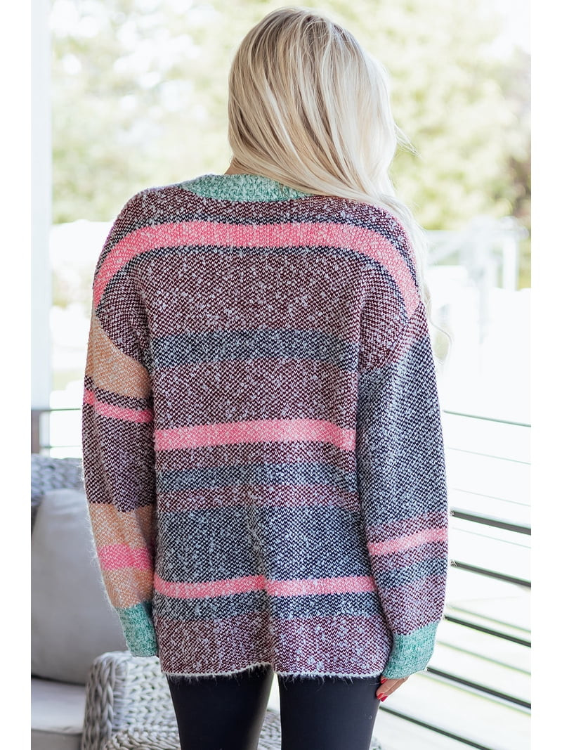 Multicolour Color Block Striped Side Slit Open Front Cardigan | Walmart (US)