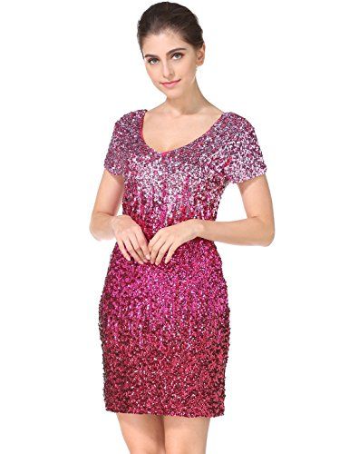 MANER Women's Sequin Glitter Short Sleeve Gowns Sexy V Neck Mini Party Bodycon Dress Not Itching(XL, | Amazon (US)