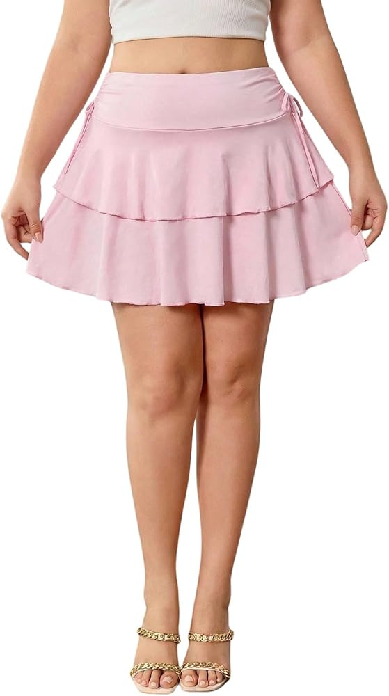 OYOANGLE Women's Plus Size High Waisted Bow Knot Side Layered Y2K A Line Ruffle Skorts Mini Skirt | Amazon (US)
