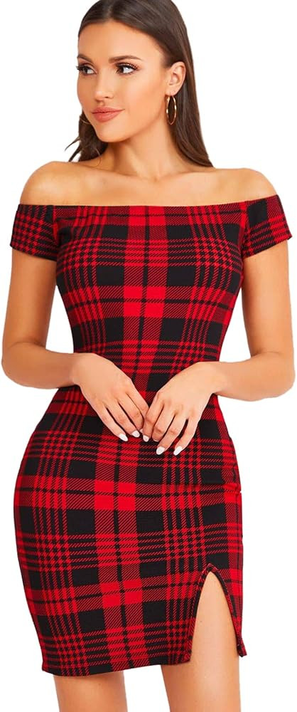 Floerns Women's Plaid Off Shoulder Short Sleeve Bodycon Mini Dress | Amazon (US)