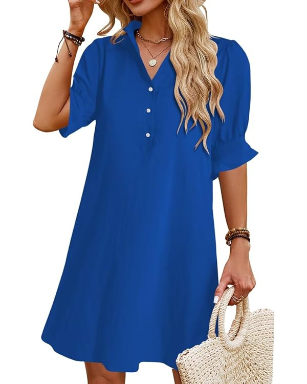 Womens Summer Shirt Dress 2026 Casual Ruffle Short Sleeve Button Down Flowy Swing Shift Mini Dres... | Amazon (US)