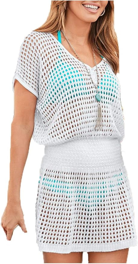 Wander Ago Beach Tops Sexy Knit Cover Dresses Bikini Cover-ups Nets Short Skirt | Amazon (US)