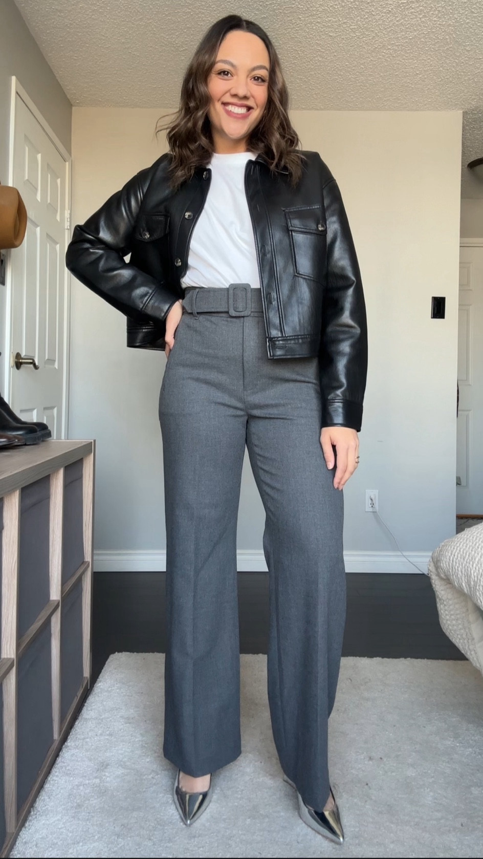Workwear outfit inspiration!
-White T-shirt, I have a small 
-Aritzia grey tailored trousers, I have a size 10
-Aritzia black vegan leather shirt jacket 
-Silver slingbacks 


#LTKstyletip #LTKSeasonal #LTKfindsunder100
