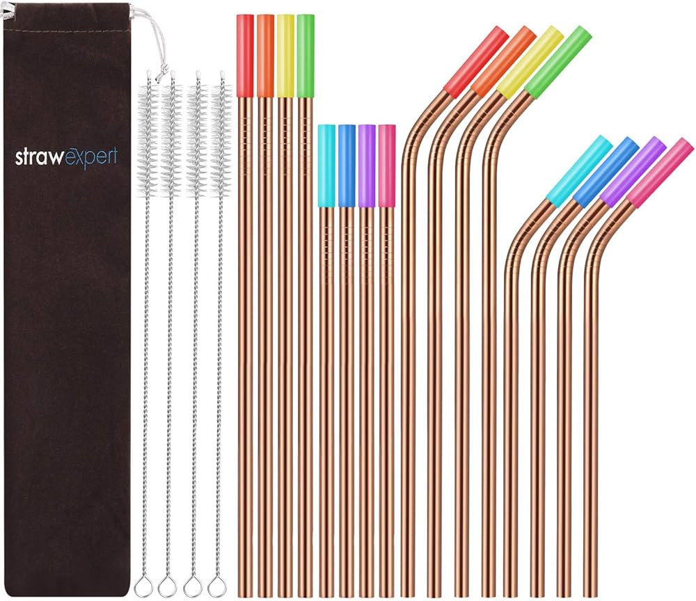 StrawExpert 16 Pack Rose Gold Reusable Metal Straws with Silicone Tip & Travel Case & Cleaning Br... | Amazon (US)
