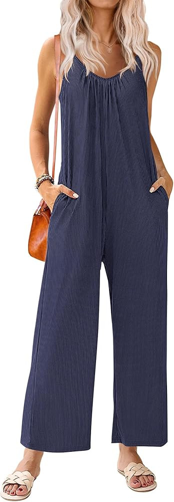 Ekouaer Jumpsuits for Women Loose Sleeveless Adjustable Spaghetti Strap Romper Stretchy Wide Leg ... | Amazon (US)