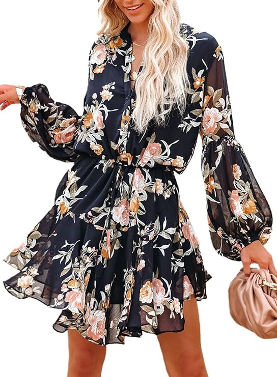 AlvaQ Womens Spring Summer Lantern Sleeve Button Down Tie Waist Floral Print Swing Mini Dress | Amazon (US)