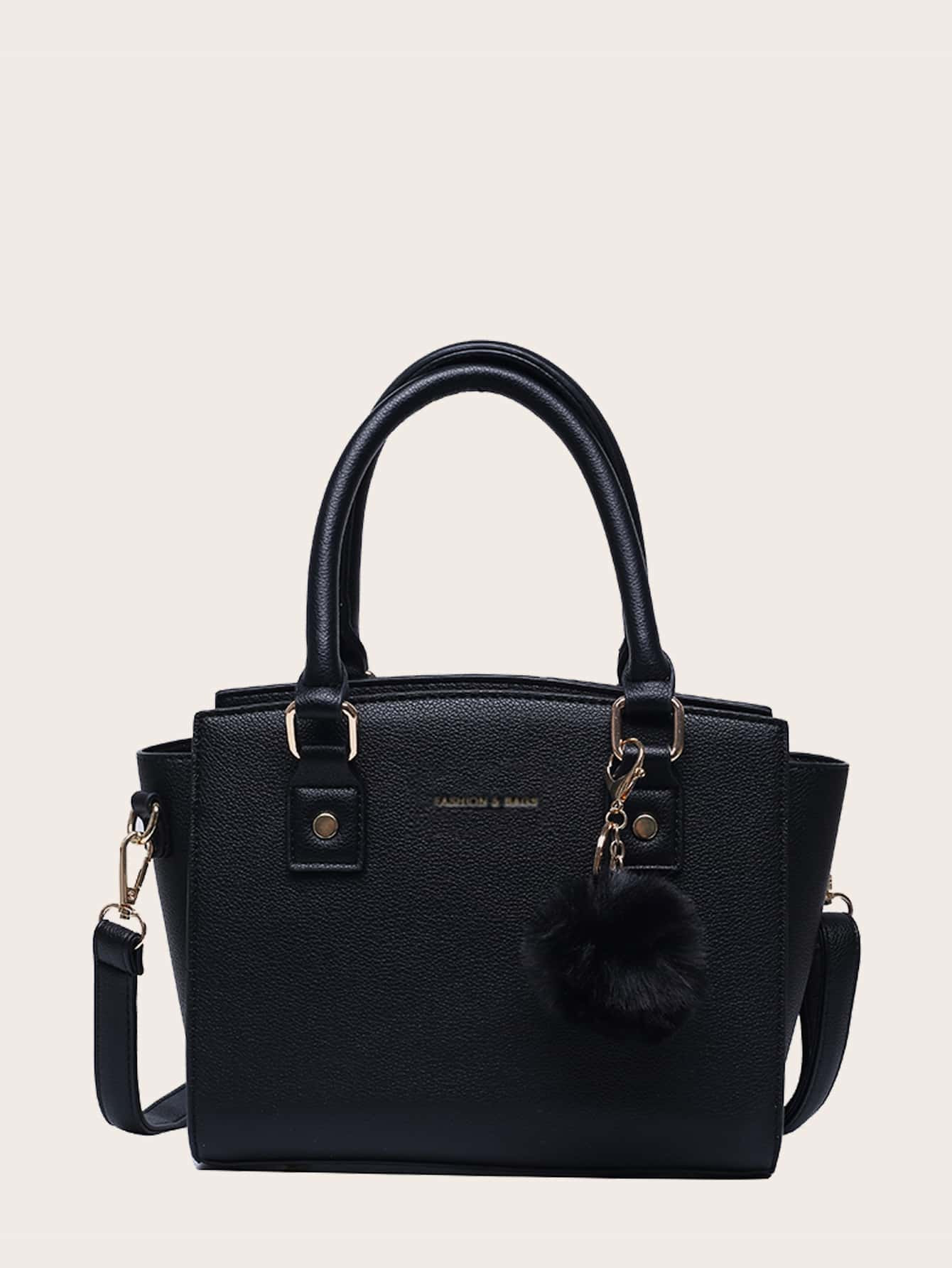 Letter Graphic Satchel Bag With Pom Pom | SHEIN